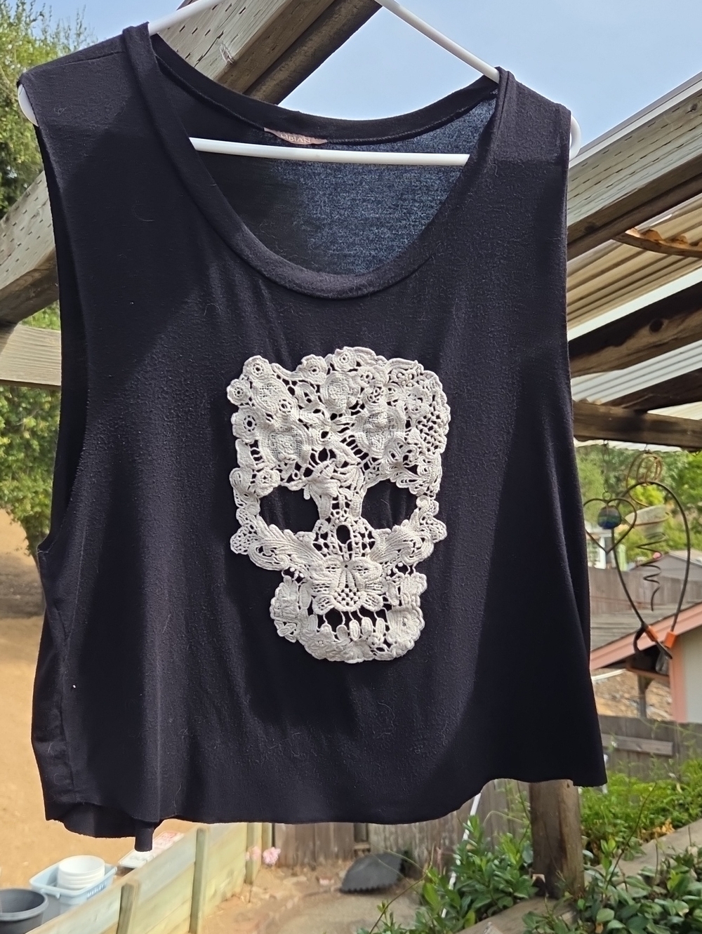 Black Women’s Sleeveless Crop Top with White Crochet Skull
